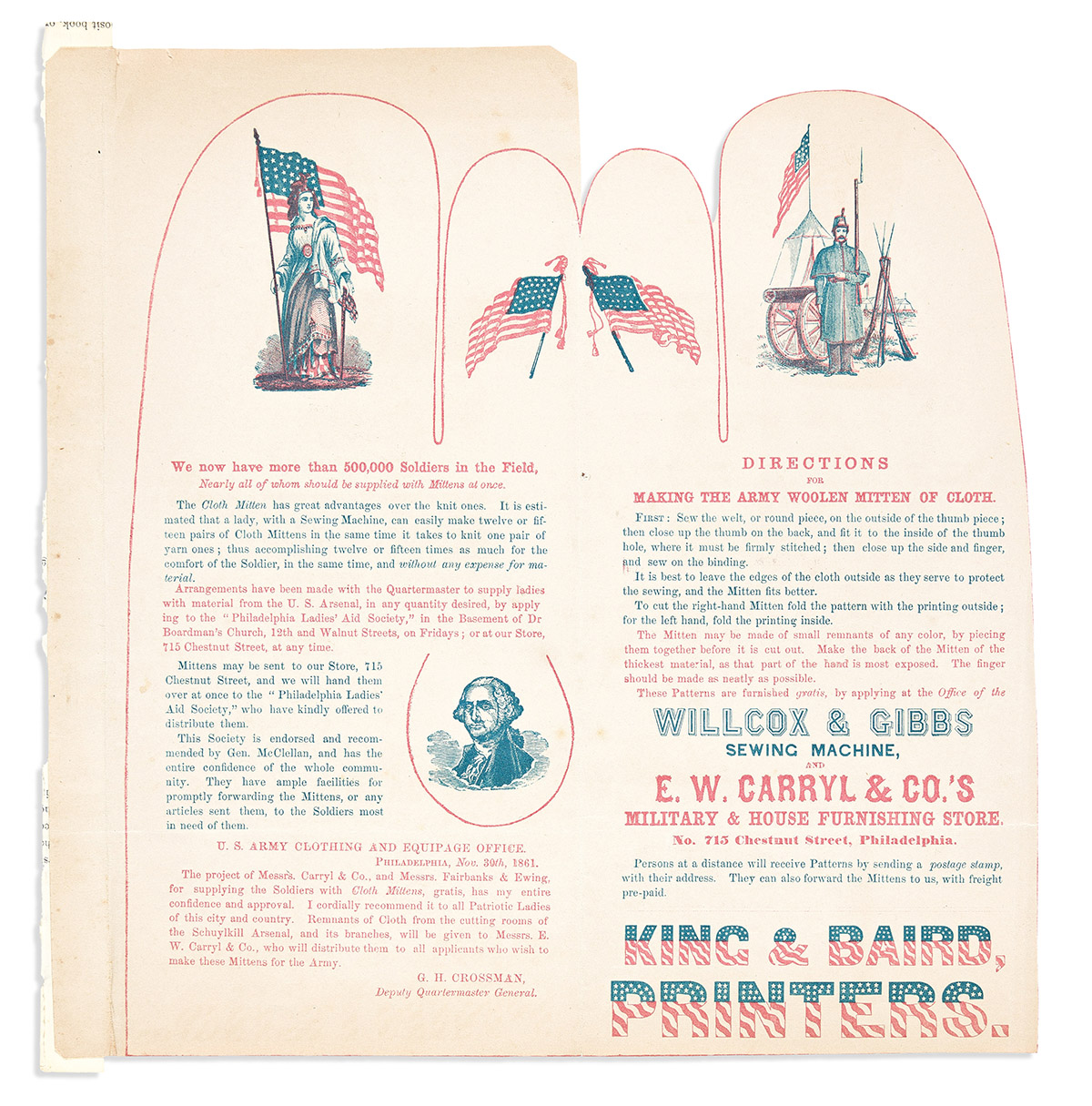 (CIVIL WAR.) Pair of E.W. Carryl & Co. circulars: for Army and Navy Goods, and Camp Utensils and for making army mittens.